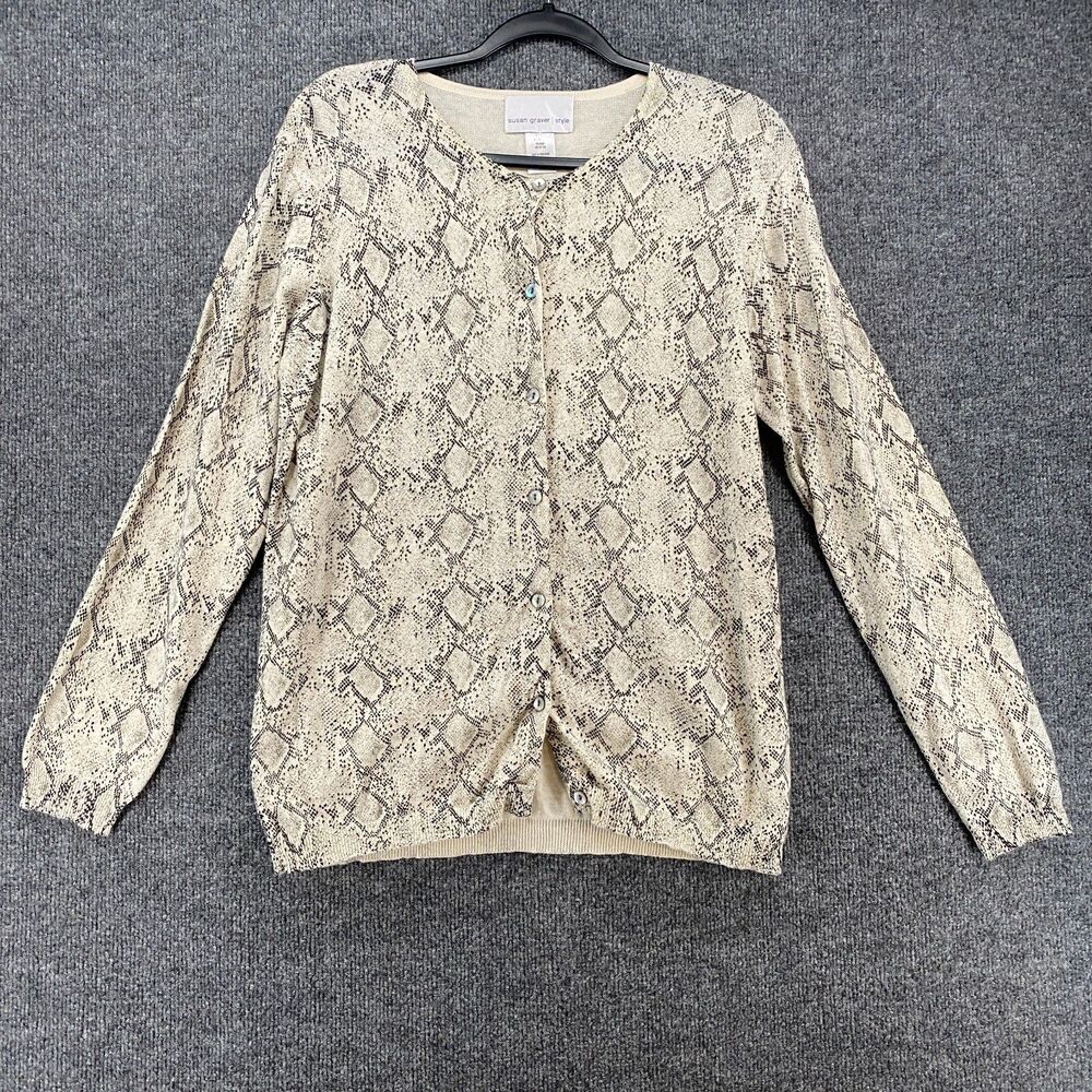 Susan Graver Cardigan Sweater Womens L Beige Snake Print Button Up Ladies Mob